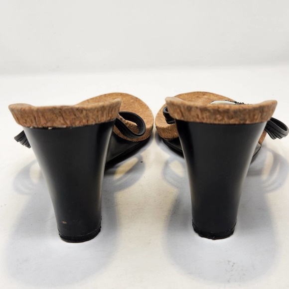 Kenneth Cole Reaction Black Leather Wedge Thong Sandals 9M Shell Beaded Cork Bed - Picture 7 of 9